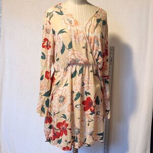 Roxy Women's L Short Dress Ivory Floral Crochet Split Sleeve V Neck Blouson